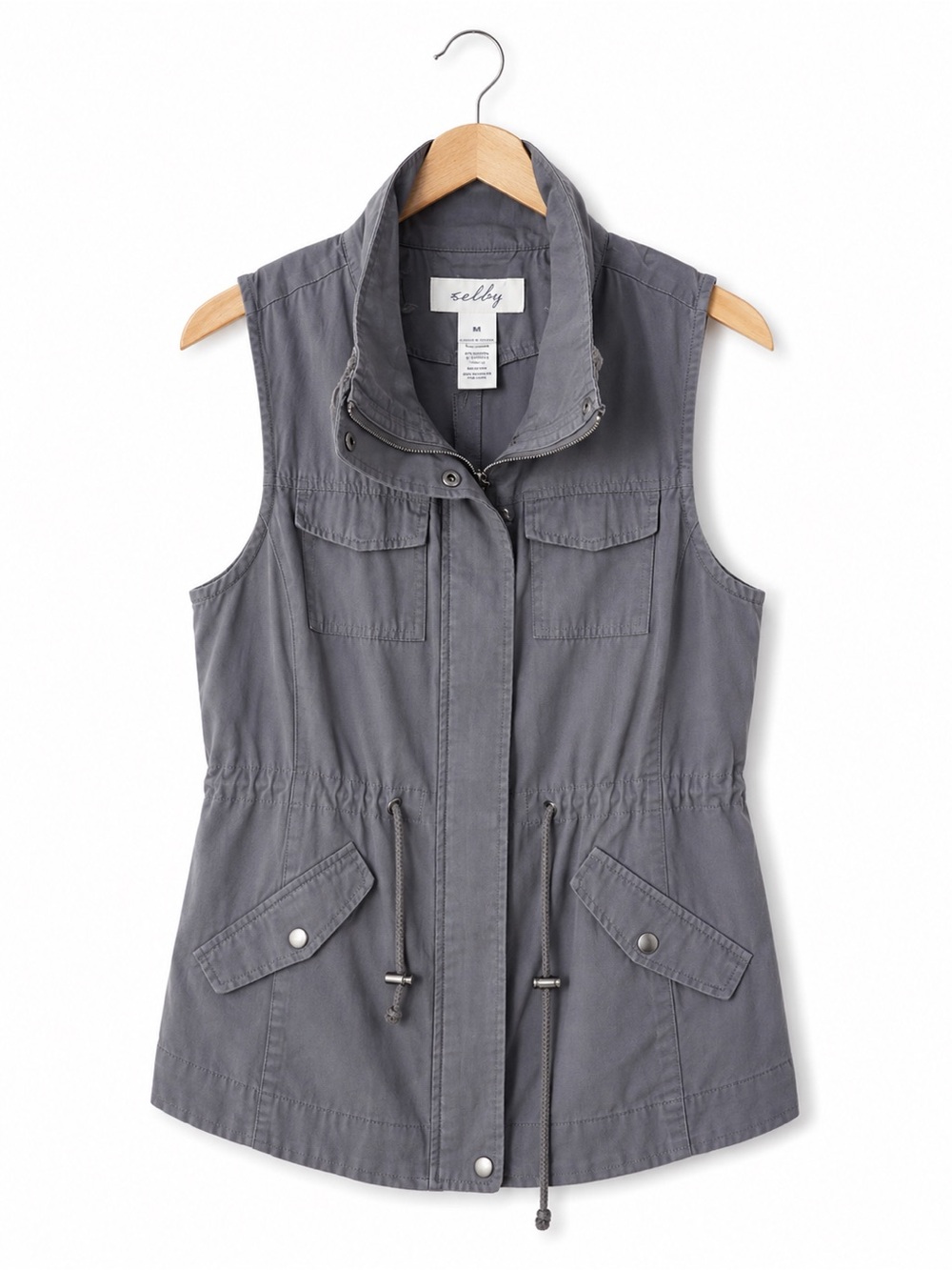 Sebby Charcoal Gray Utility Vest Drawstring Waist Zip Snap Safari Cargo Medium